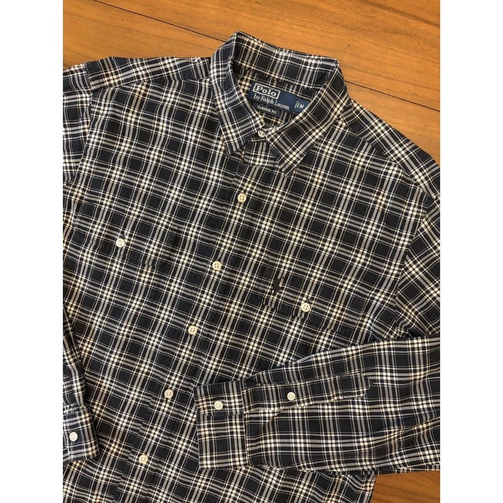 Vintage Polo Ralph Lauren Button Shirt Mens M Blue Tartan Plaid Utility Pockets